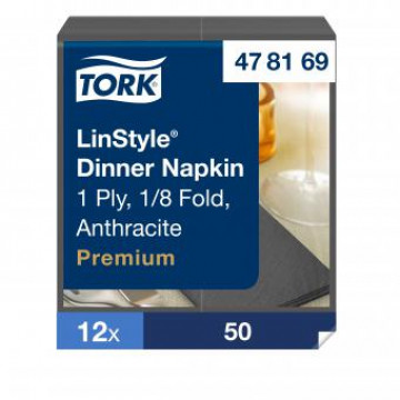 Stalo servetelės Tork Premium LinStyle, 39x39cm, sulankstymas 1/8, antracito spalvos, 1sl.