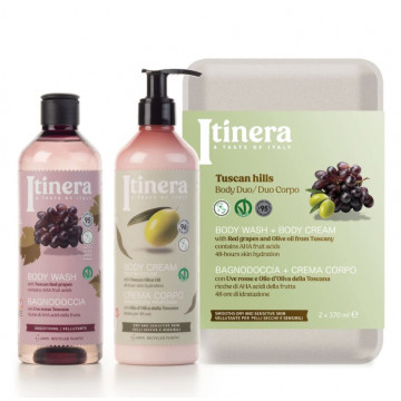 Kosmetikos rinkinys Itinera (dušo želė su vynuogėmis ir losjonas kūnui su alyvuogių aliejumi), 2x370ml