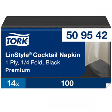 Kokteilių servetelės Tork Premium LinStyle, 23,8x23,8cm, juodos, sulankstymas 1/4,1sl.