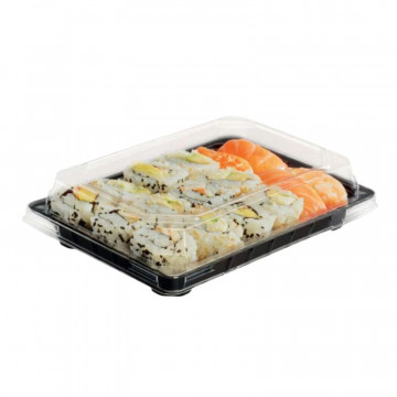 Vienkartiniai sushi indeliai+dangteliai stačiakampiai, RPET, juodi+skaidrūs, 22,6x15,5x5 cm, 50 vnt.
