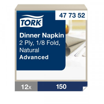 Ekologiškos stalo servetelės Tork Advanced Dinner, 39x39cm, 2 sl, natūralios spalvos, 1/8 lankstymo