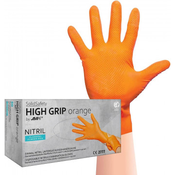 Vienkartinės itin tvirtos nitrilo pirštinės be pudros SolidSafety High Grip, oranžinės, L dydis, 50vnt.