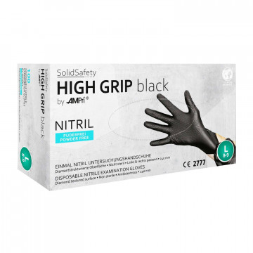 Vienkartinės itin tvirtos nitrilo pirštinės be pudros SolidSafety High Grip, juodos, M dydis, 100vnt.