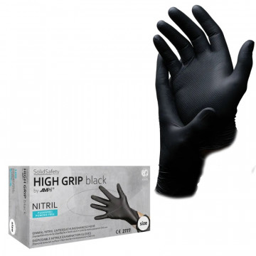 Vienkartinės itin tvirtos nitrilo pirštinės be pudros SolidSafety High Grip, juodos, L dydis, 100vnt.