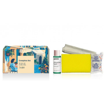 Virtuvės valymo reikmenų rinkinys (kempinė, indų ploviklis (30ml), tabletė indaplovei, šiukšlių m.)